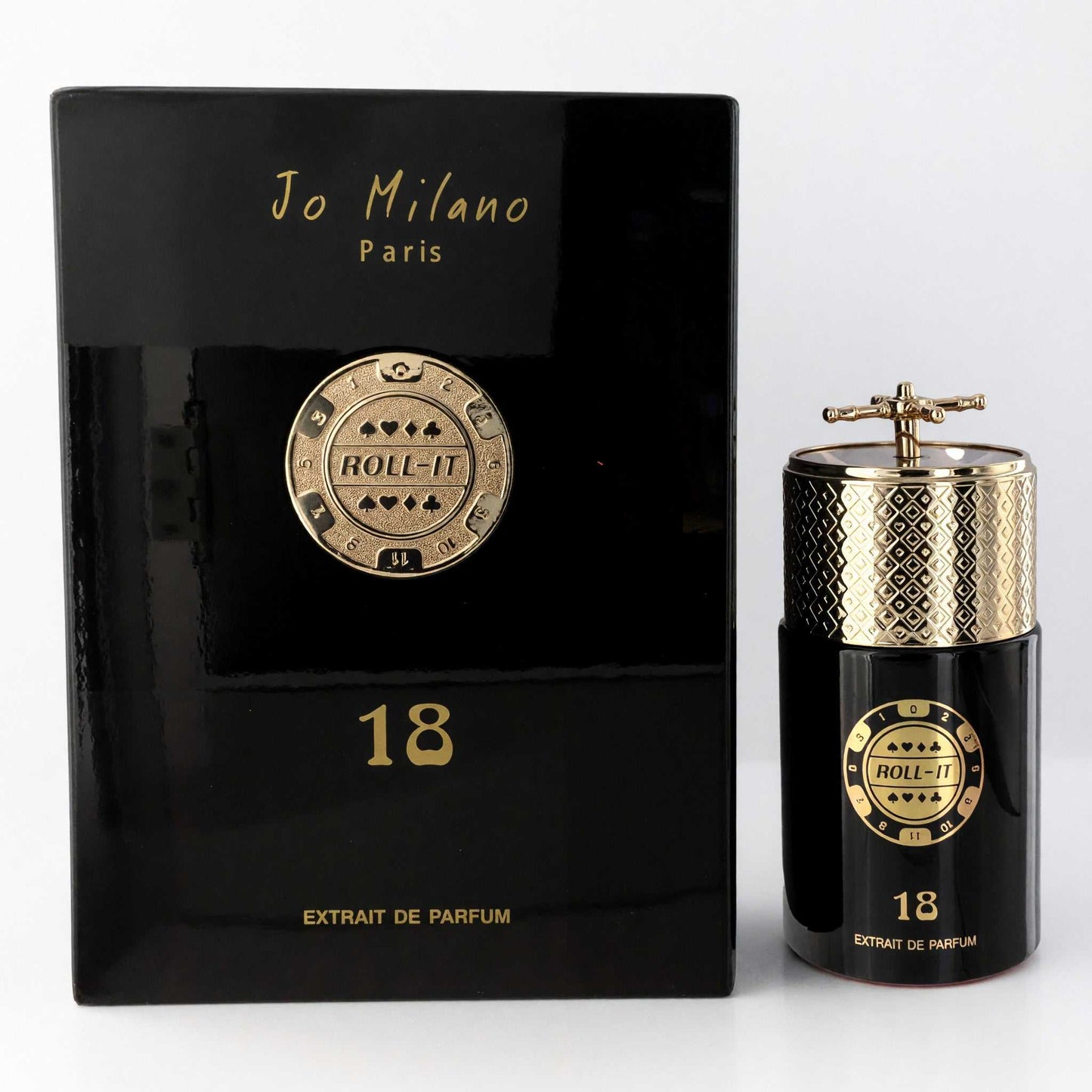 Jo Milano Roll It 18 extrait de parfum spray bottle, black with gold cap and 18 label