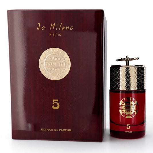 Unisex Jo Milano Roll It 5 extrait de parfum spray, red glass bottle, gold details