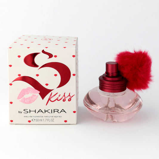 Women's Kiss by Shakira EDT spray bottle, clear glass with red cap and fuzzy pom, plus box
