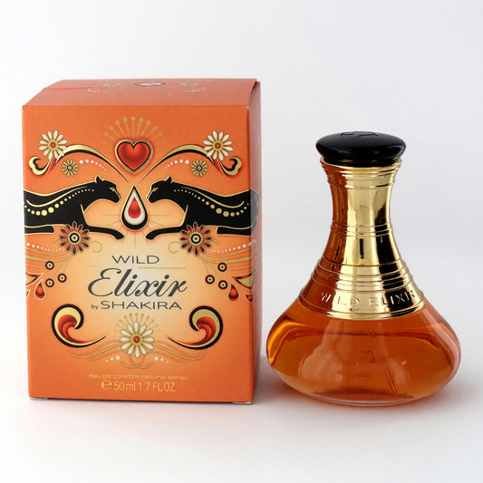 Women's Wild Elixir EDT spray bottle with amber glass and gold cap, plus matching box
