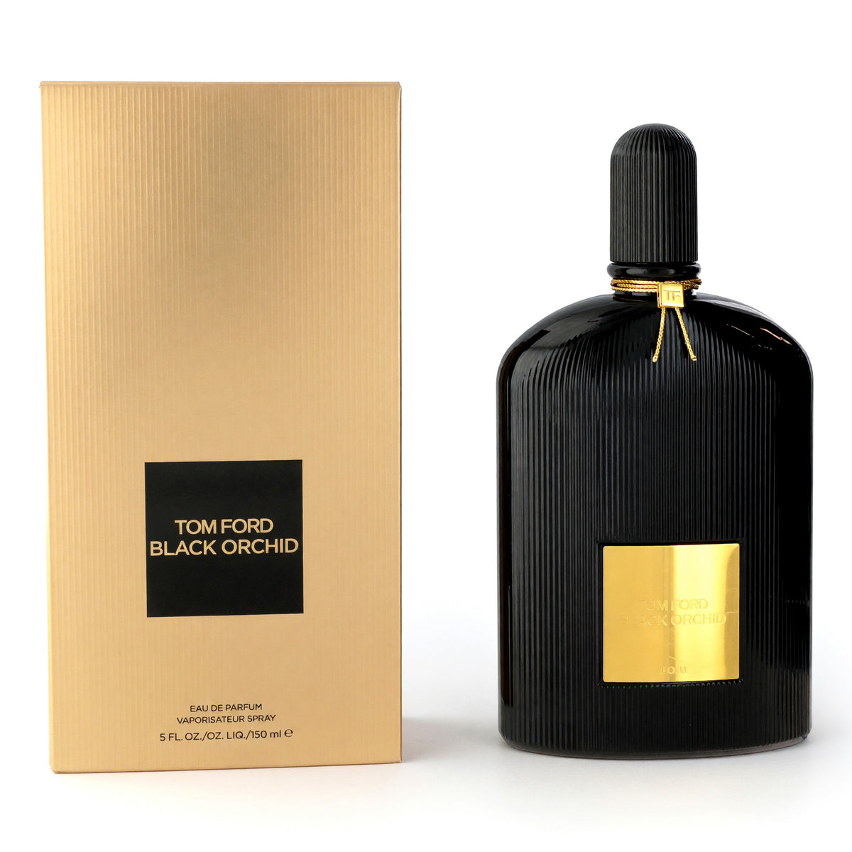 Black ribbed EDP spray bottle with gold label and black cap, in beige box