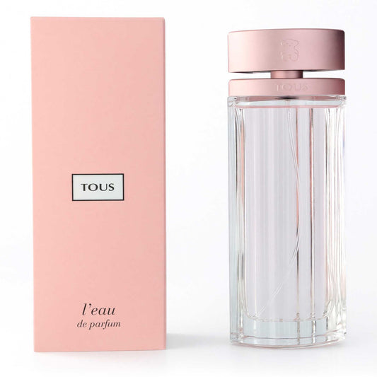 Tous L'eau EDP spray perfume bottle with pink cap and matching pink box, 3 oz