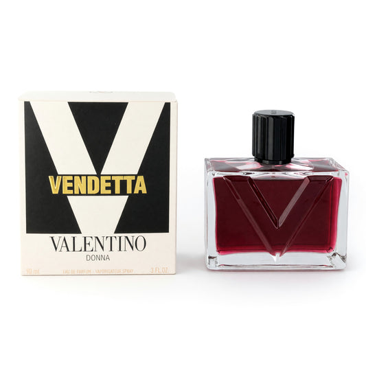 Women's EDP spray bottle with red liquid and matching Vendetta by Valentino box