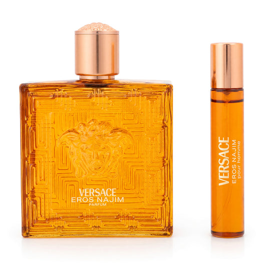 Versace Eros Najim men’s perfume gift set: amber glass bottle and refill spray