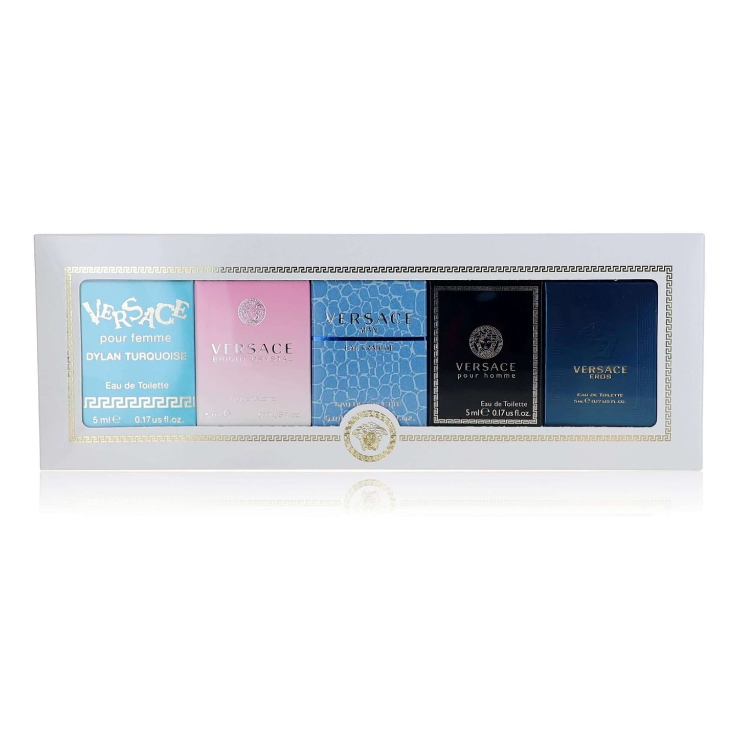 Miniature perfume gift set box with five Versace bottles in display tray