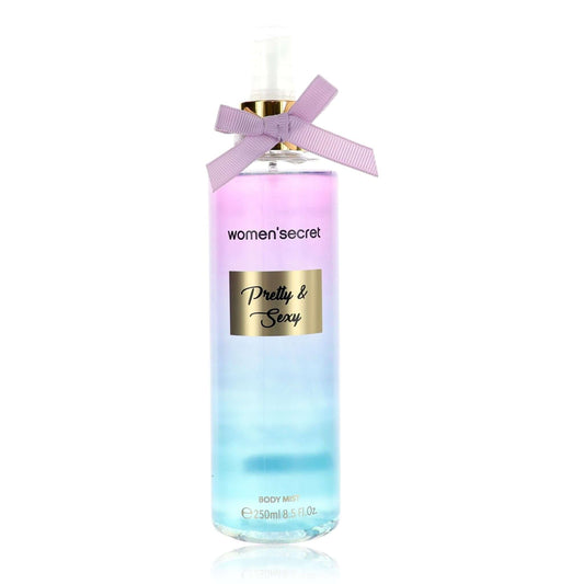 Pretty & Sexy body mist bottle with lavender bow and gold label