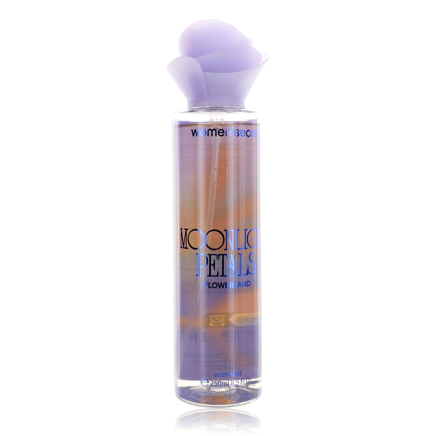 Women'Secret Moonlight Petals body mist bottle, clear glass with purple cap