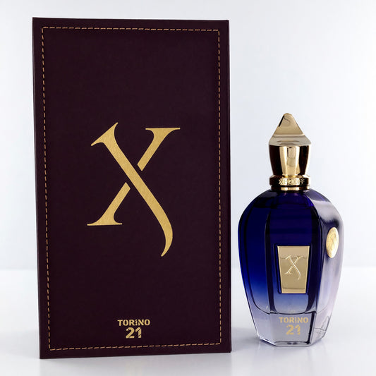 Torino21 by Xerjoff eau de parfum spray: blue glass bottle with gold cap, in maroon box
