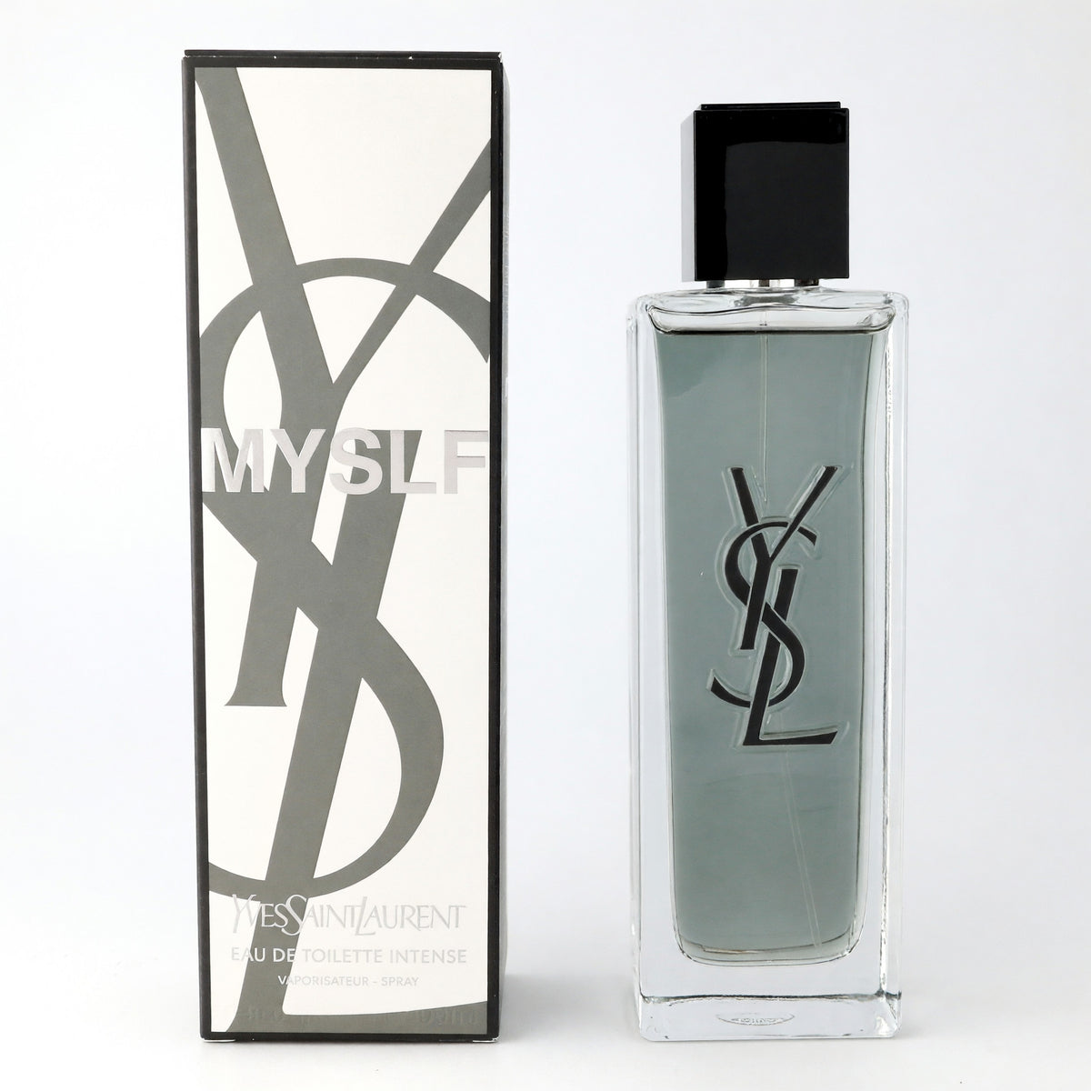 Men's MYSLF intense EDT spray bottle with pale green liquid, black cap, YSL logo.