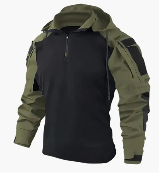 Black and green tactical jacket with a hood on a white background