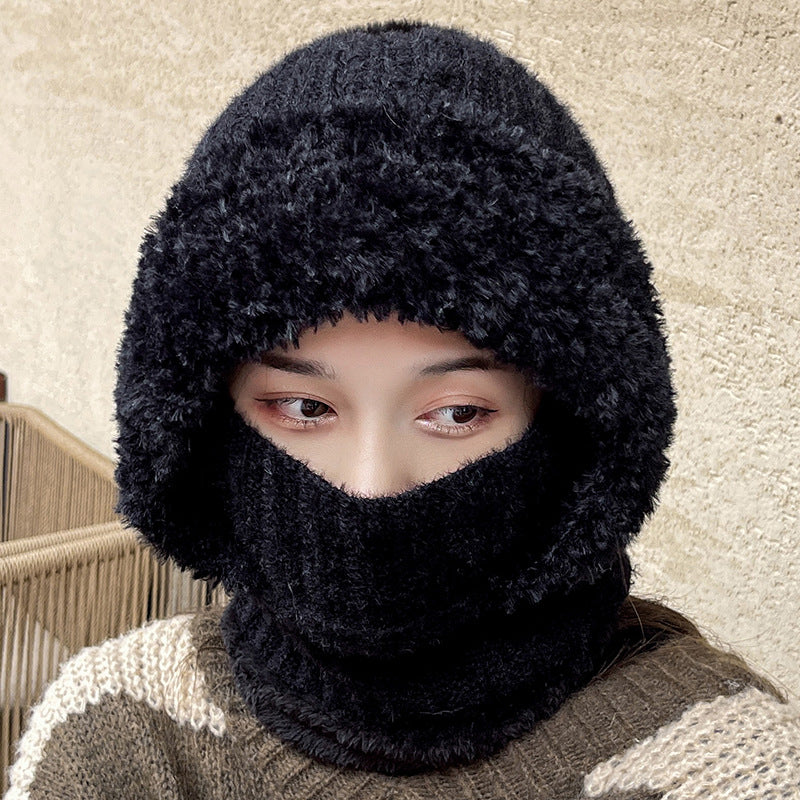 Fuzzy black knit hat and neck warmer set with face covering and hood scarf