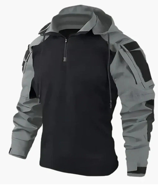 Black and gray jacket with a zipper on a white background