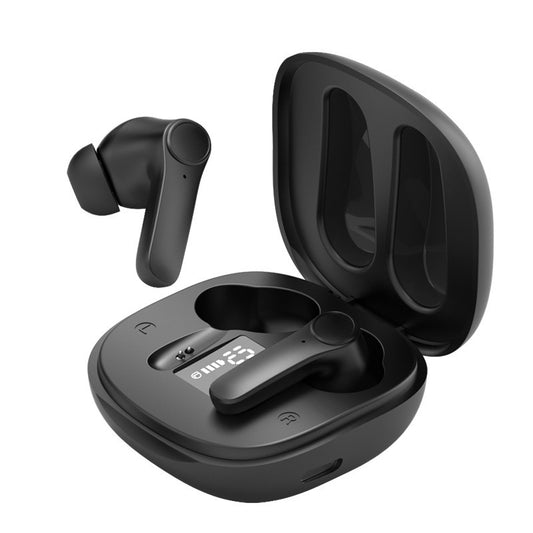 Black wireless earbuds with charging case on a white background
