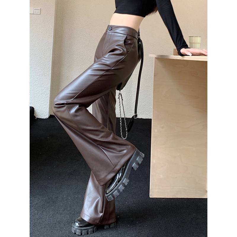 Slim Fit Leather Bootcut Trousers Slimming High Waist Casual Leather Pants