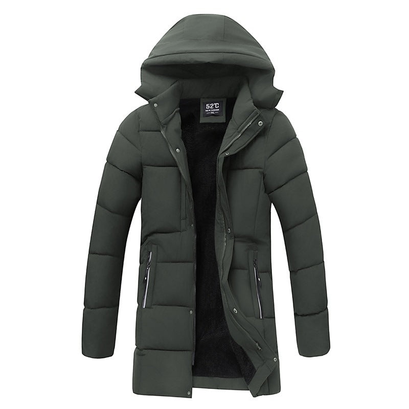 Green winter coat with a hood on a white background