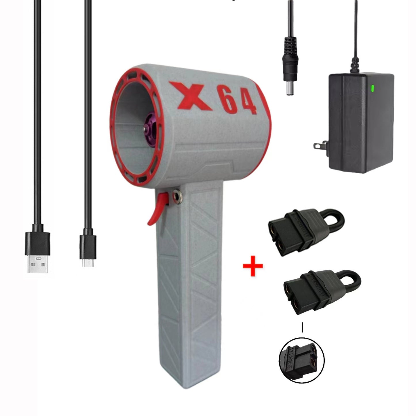 Gray handheld device with red 'X64' branding, USB cable, power adapter, and straps on a white background.