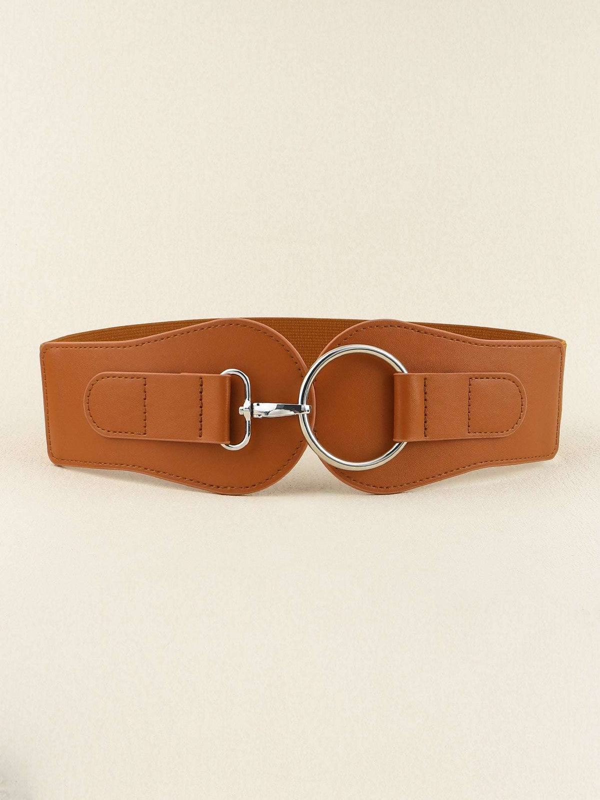 Caramel PU wide belt with oval ring buckle, two strap ends, and silver hardware