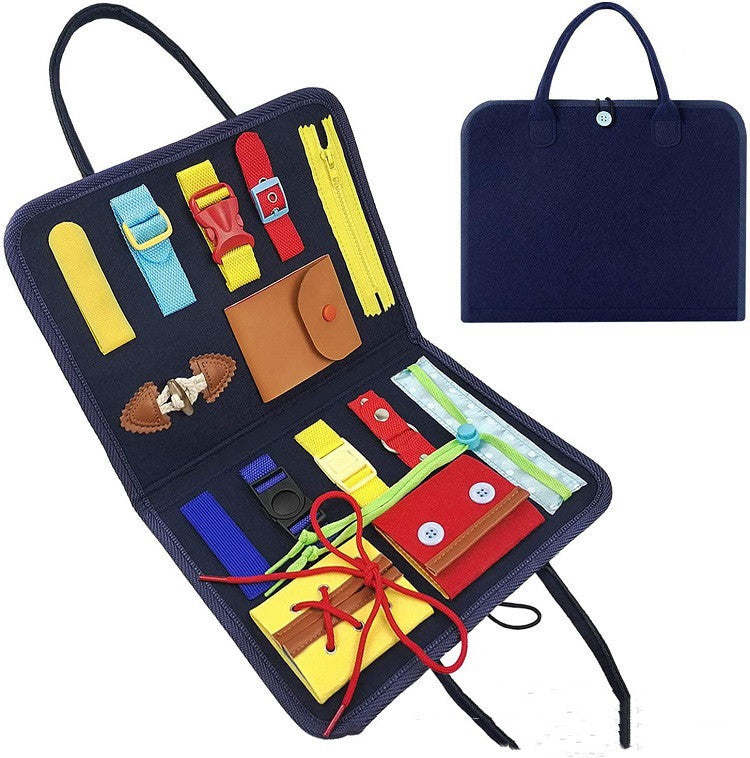 Colorful sewing kit with various tools in a navy case on a white background