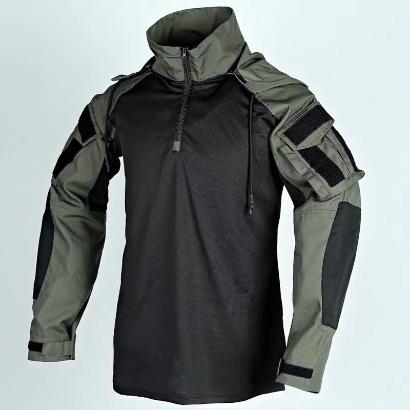 Black and green tactical jacket on a light gray background