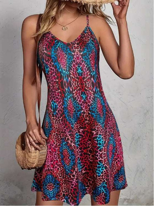 Leopard Print V Neck Cami Dress, Vacation Sleeveless Dress For Spring & Summer, Women's Clothing
