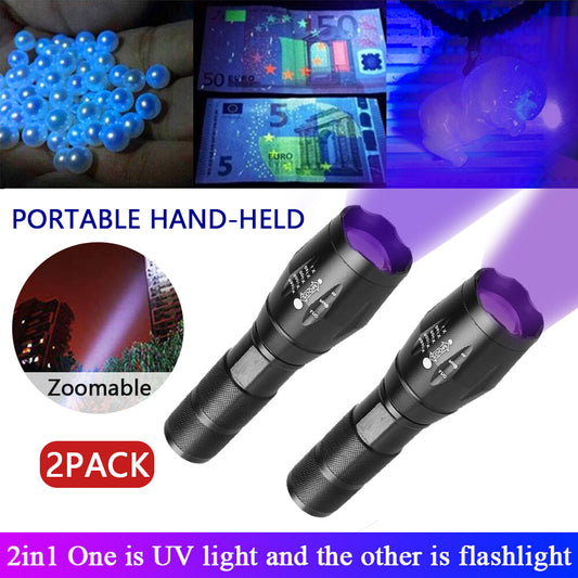 2-Pack UV Flashlight & LED Torch - 395nm Zoomable Blacklight