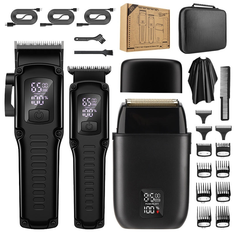 Black electric hair clipper and shaver set with several guard heads and trim attachments