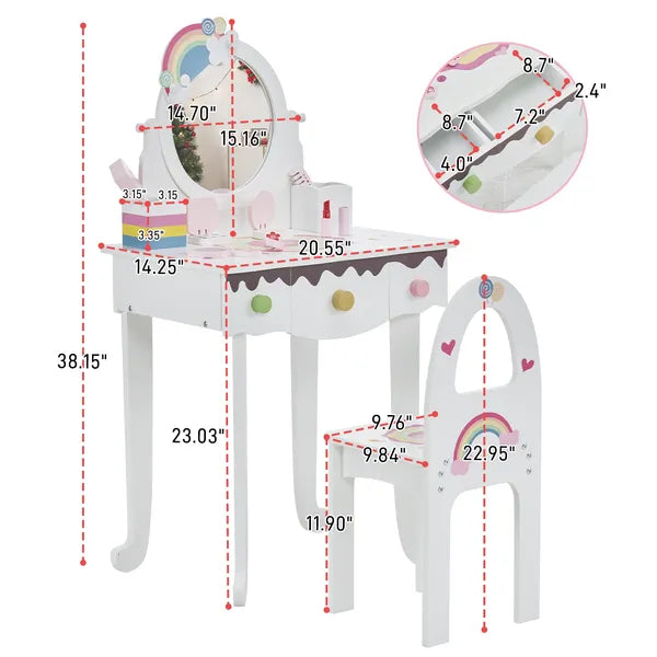 Kids Princess Vanity Table & Chair Set | 7-Piece Pretend Play Makeup Toys