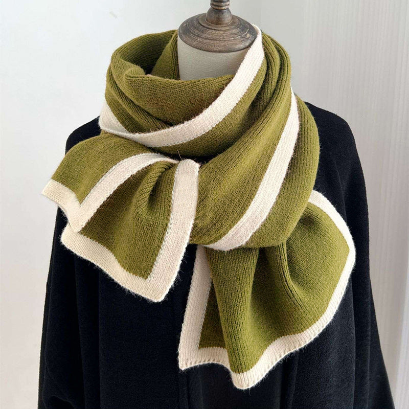 Knitted wool scarf in olive green with cream stripe bands, thick knit.