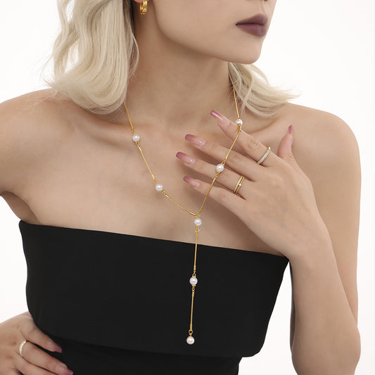 Stainless Steel Pearl Y-shaped Clavicle Chain Light Luxury Tassel Necklace For Women