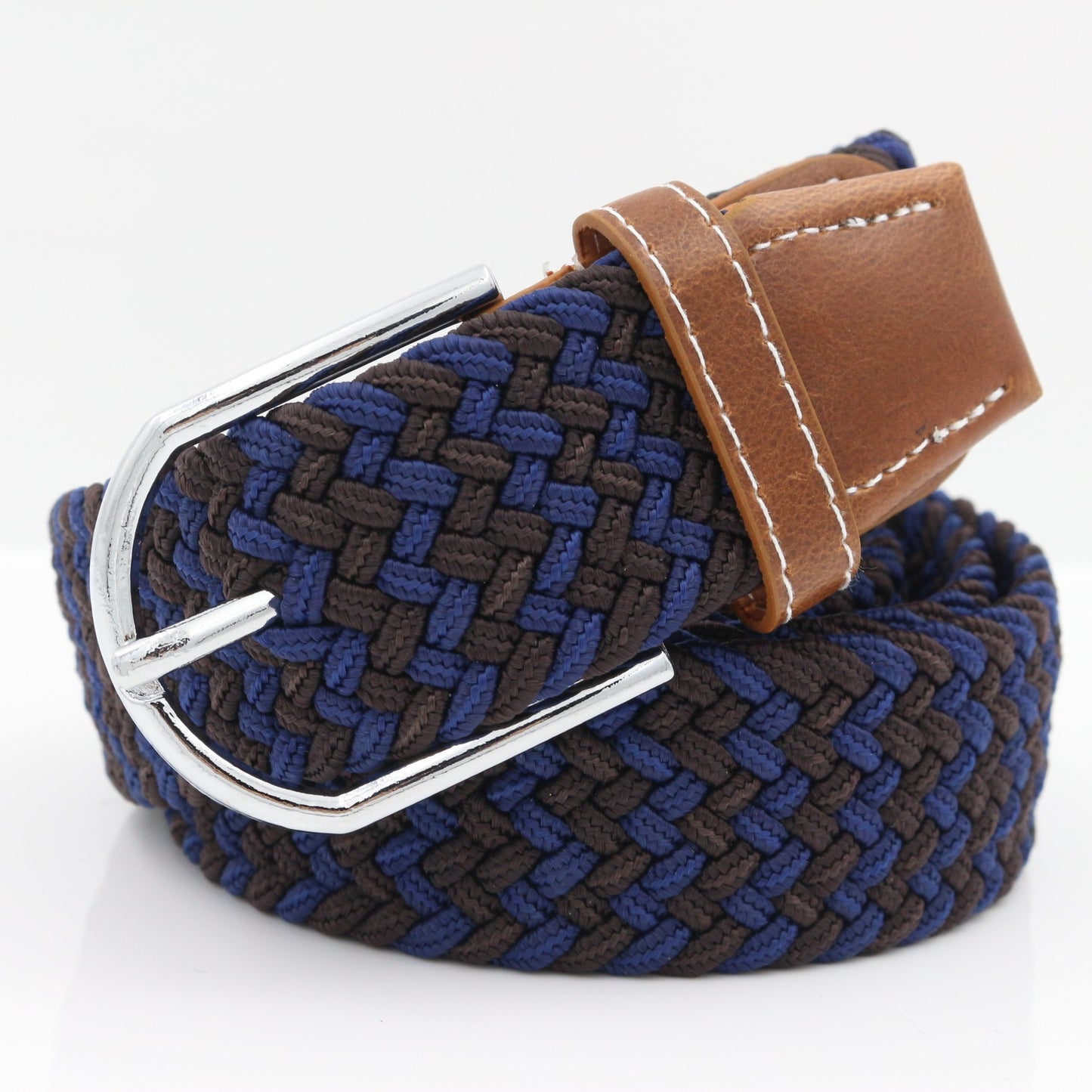 Simple Stretch And Breathable Canvas Woven Belt with blue and brown colors and a metal buckle.