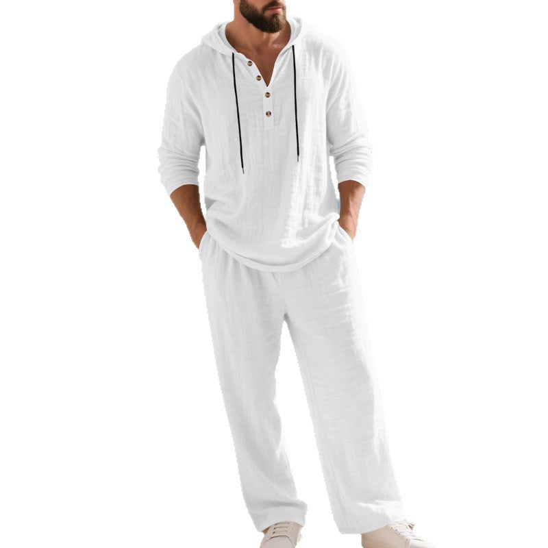 White hooded long sleeve home wear set with drawstring hood and matching pants