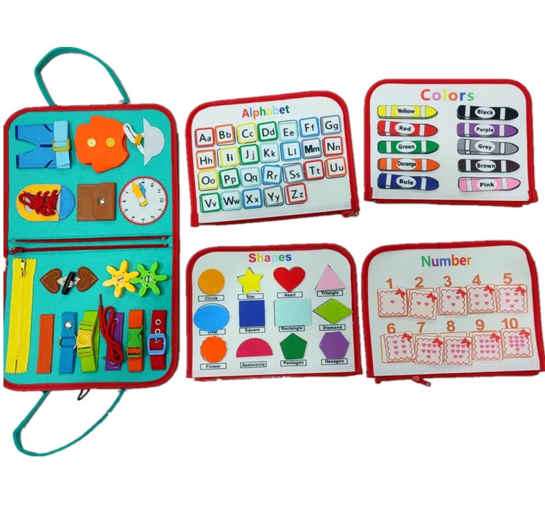Educational toy set with colorful boards for learning alphabet, colors, shapes, and numbers.