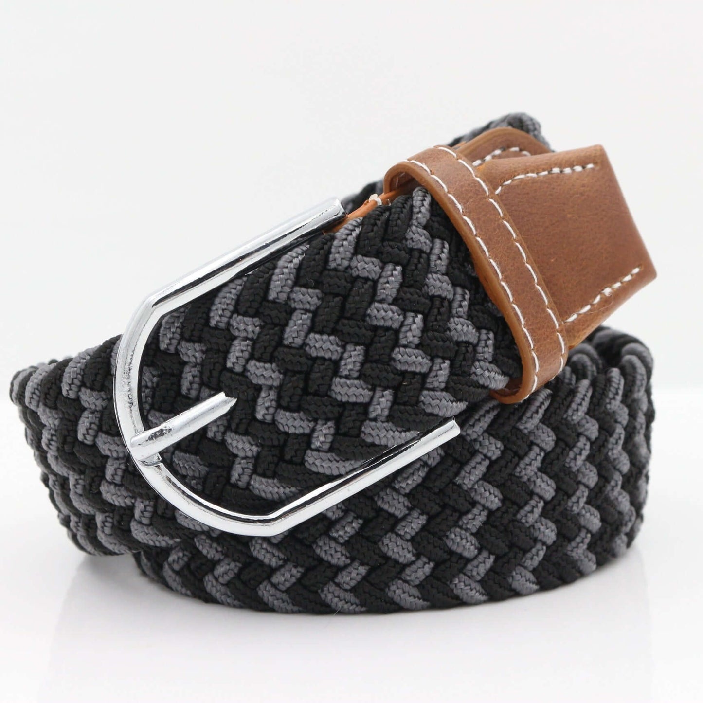 Simple Stretch And Breathable Canvas Woven Belt in black and grey with silver buckle and brown leather tip.