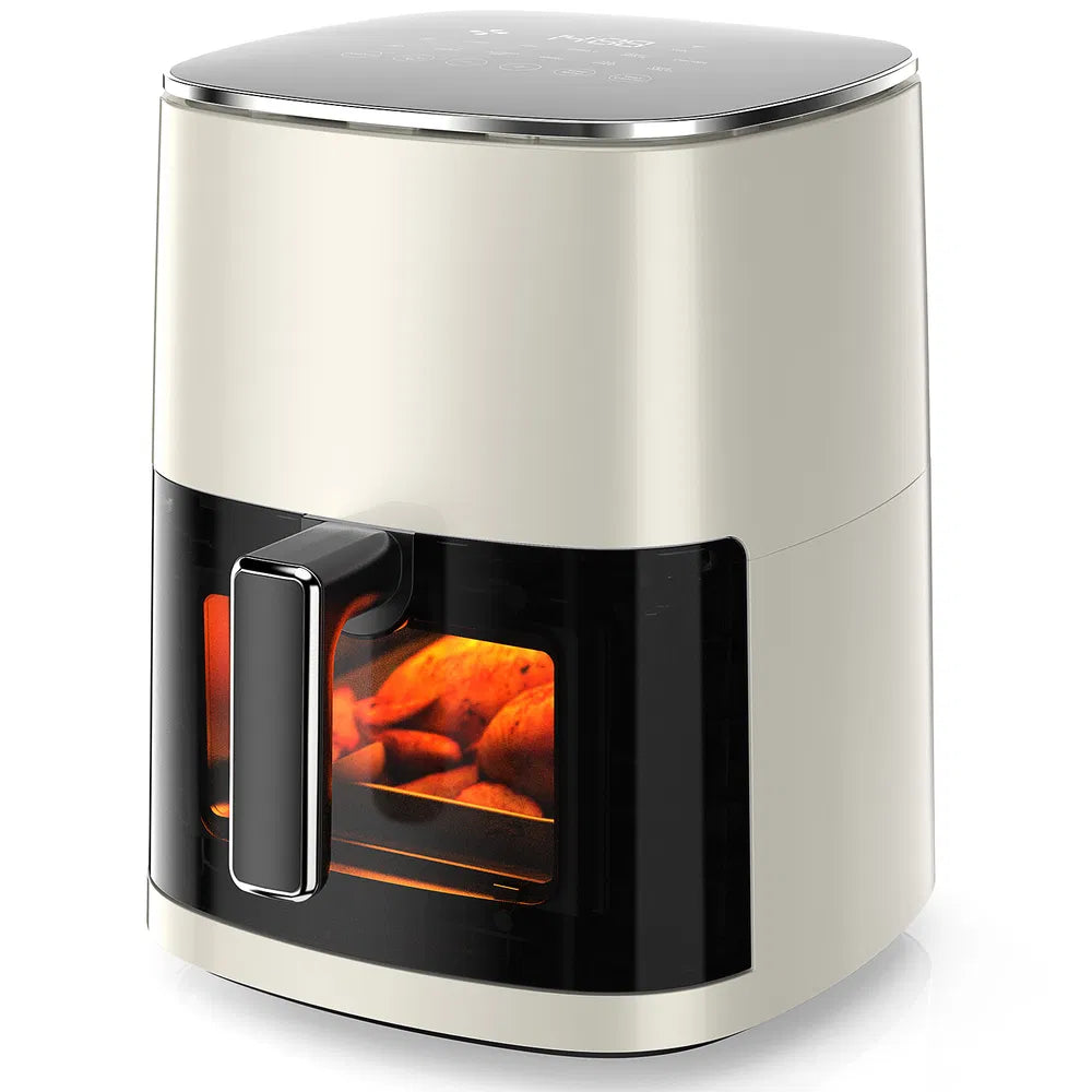 Beige 6-quart square air fryer with viewing window and black front drawer