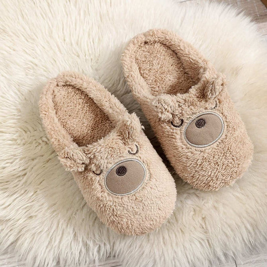 Cute Round Toe Brown Toe Ring In Stock Couple Soft Bottom Flat Heel Medium Mouth Suede Cotton Slippers