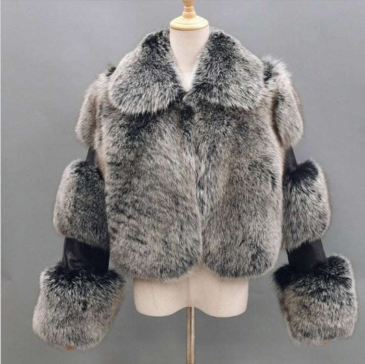 Women's Fur Stitching Lapel Artificial Fur Coat