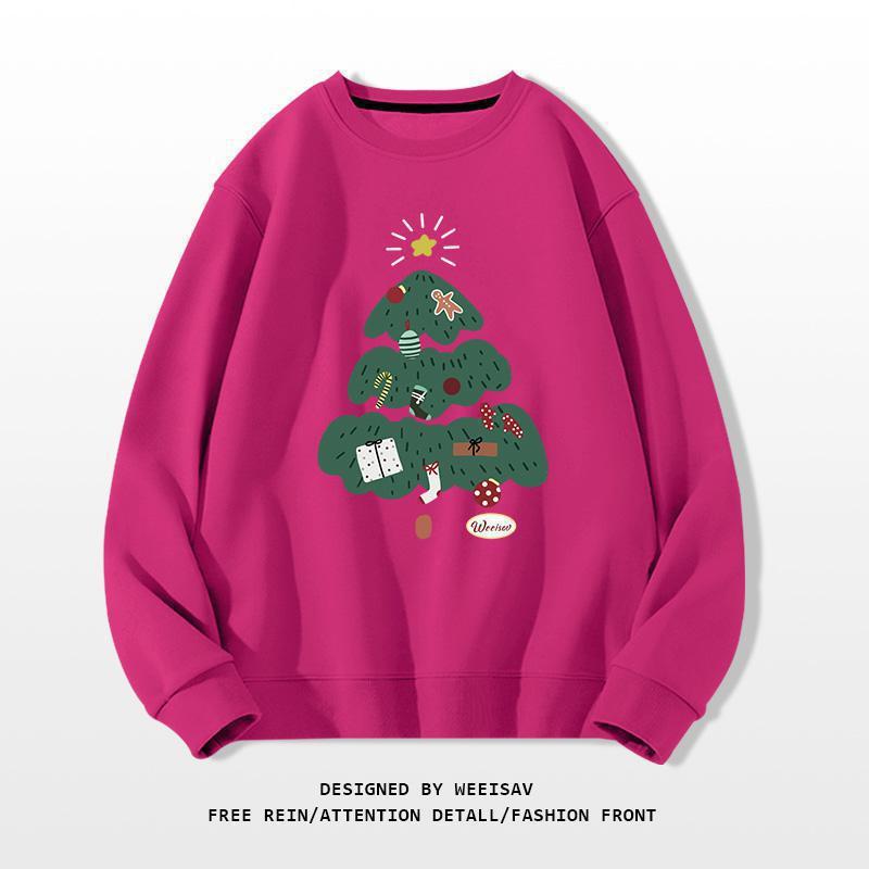 Pink sweatshirt with a green Christmas tree design on a white background