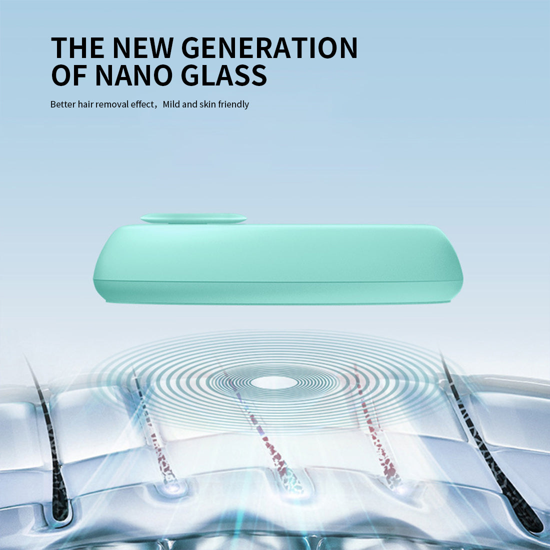 Teal nano-glass hair remover with clear top cover and oval glass head area.