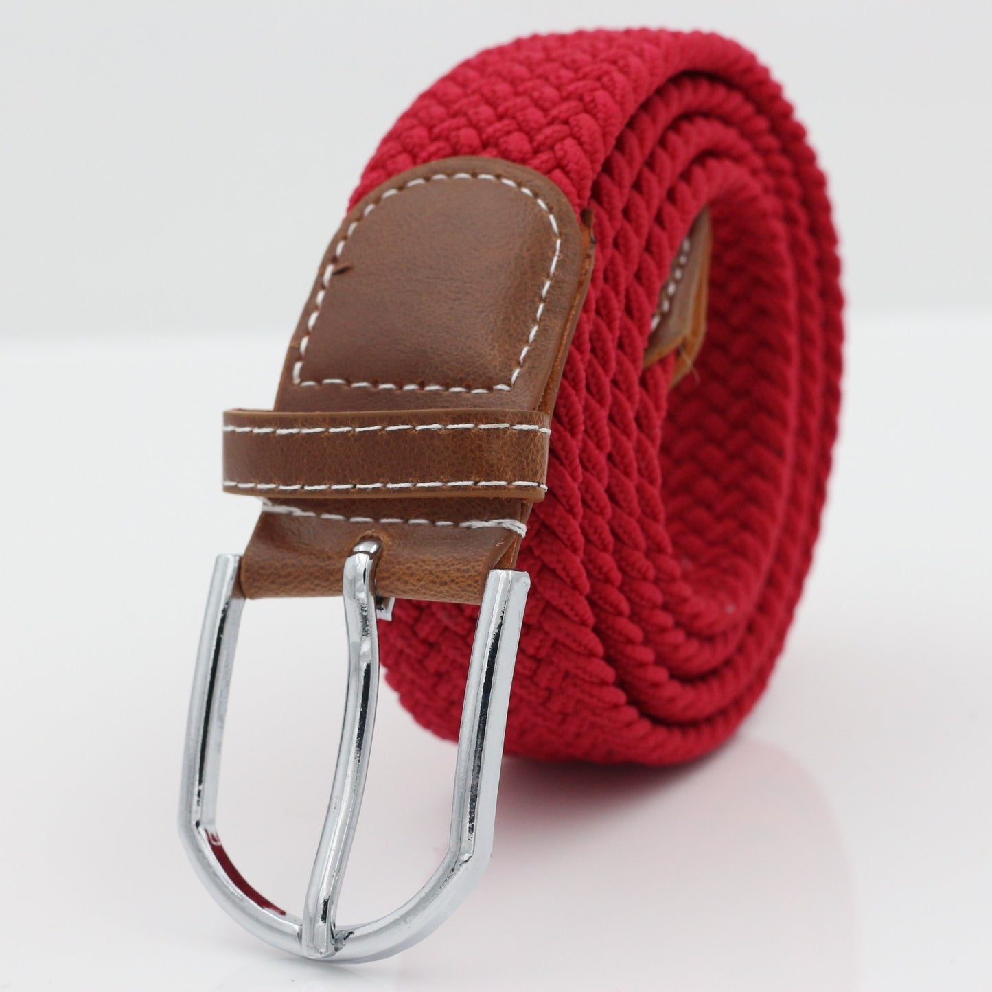 Simple Stretch And Breathable Canvas Woven Belt in red with leather accents and silver buckle.