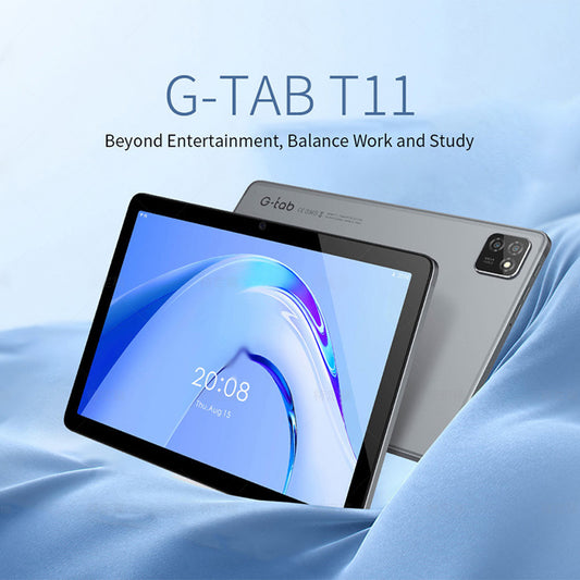 G-tab T11 Android 14 Tablet with a 10.1 inch IPS screen, shown in two colors, silver and black, featuring camera lenses and volume buttons.
