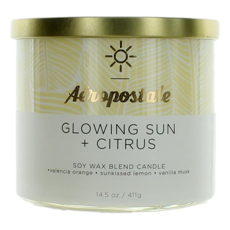 Soy wax blend 3-wick candle in cream jar with Glowing Sun + Citrus label