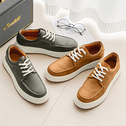 Three pairs of men's casual lace-up platform sneakers in gray, brown, and beige colors, displayed against a backdrop with a speaker and eyeglasses.