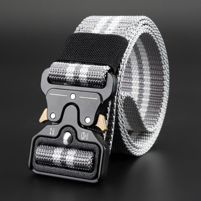 Men's Outdoor Nylon Elastic Buckle Belt Work Clothes Belt with durable design and secure buckle for active use.