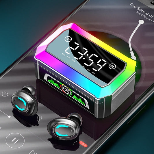 Colorful digital clock with wireless earbuds on a reflective surface