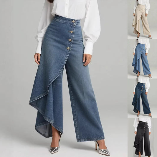 Unique Ruffled Straight-Leg Pants | Fashion Faux Jeans for Women