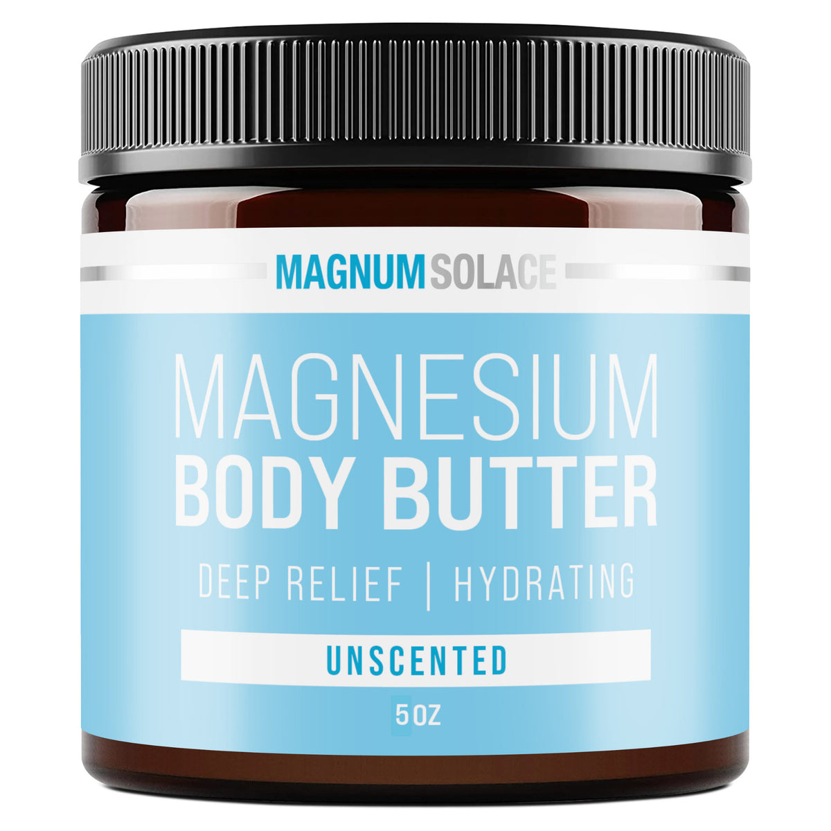 Magnesium body butter jar, unscented 5 oz, brown glass with black screw lid