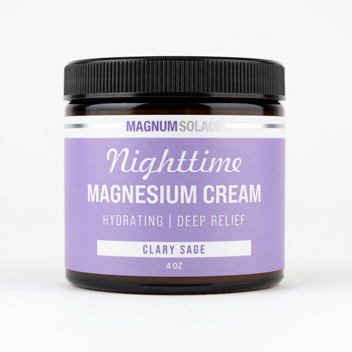 Purple lotion jar with black lid, Nighttime Magnesium Cream label, Clary Sage scent