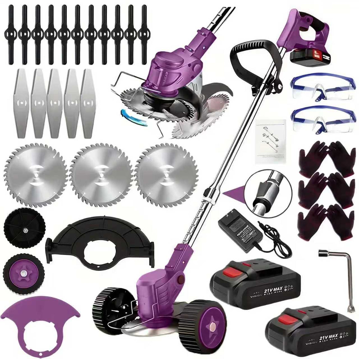 Cordless weed eater kit with purple trimmer, wheel base, guards, blades, and battery packs