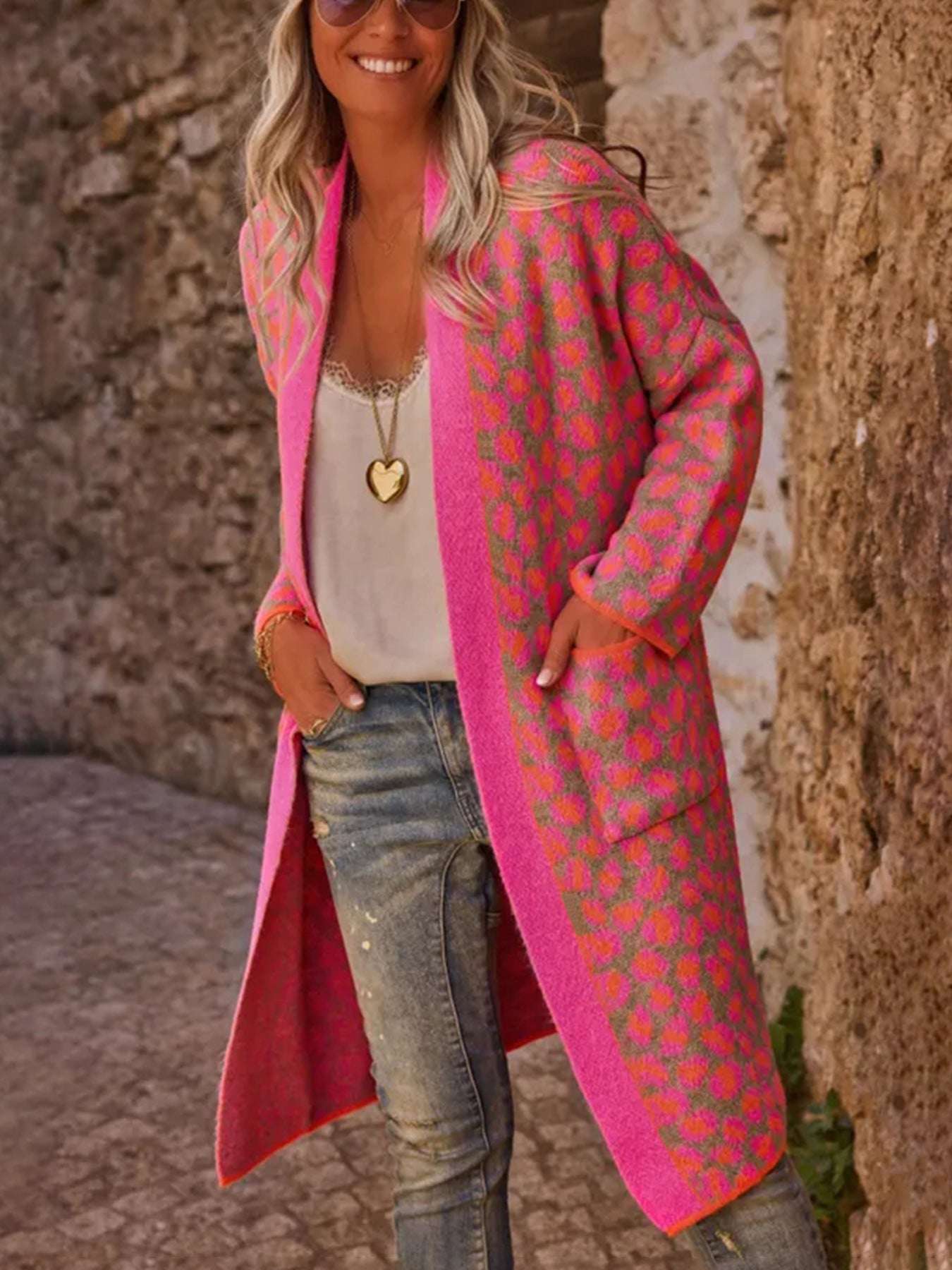 Contrast Leopard Print Long Knitwear Coat