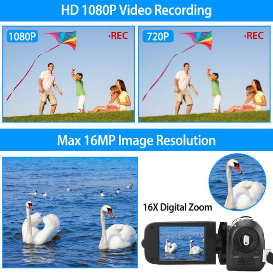HD 1080P Digital Video Camcorder | 16X Zoom Camera with 270° Screen